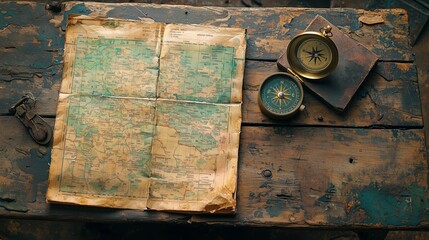 Vintage Map and Compass on a Rustic Wooden Table Surrounded by Natural Light, Perfect for Travel, Adventure, History, and Exploration Themes
