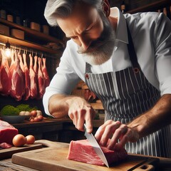 A butcher slicing a piece of meat with a sharp knife