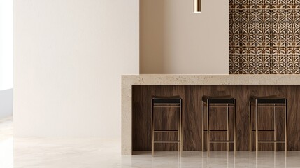 Elegant Modern Spanish Home Bar with Stylish Stools and Decorative Tiles Backdrop