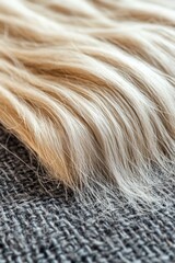 The close up showcases a natural woolen fabric with a large weave, revealing its intricate texture. Individual threads interlace beautifully, emphasizing the quality and sustainability of this materia