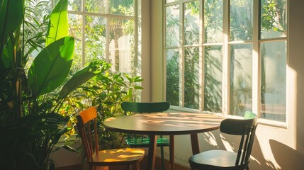 Inviting Breakfast Nook in Modern Spanish Kitchen with Vibrant Garden View | Ultra-Detailed Interior Design Scene