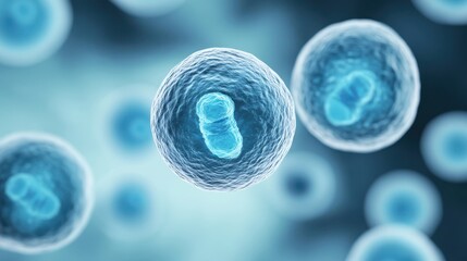 A close-up view of blue microbial cells, showcasing cell structure and intricate details, set against a blurred background.