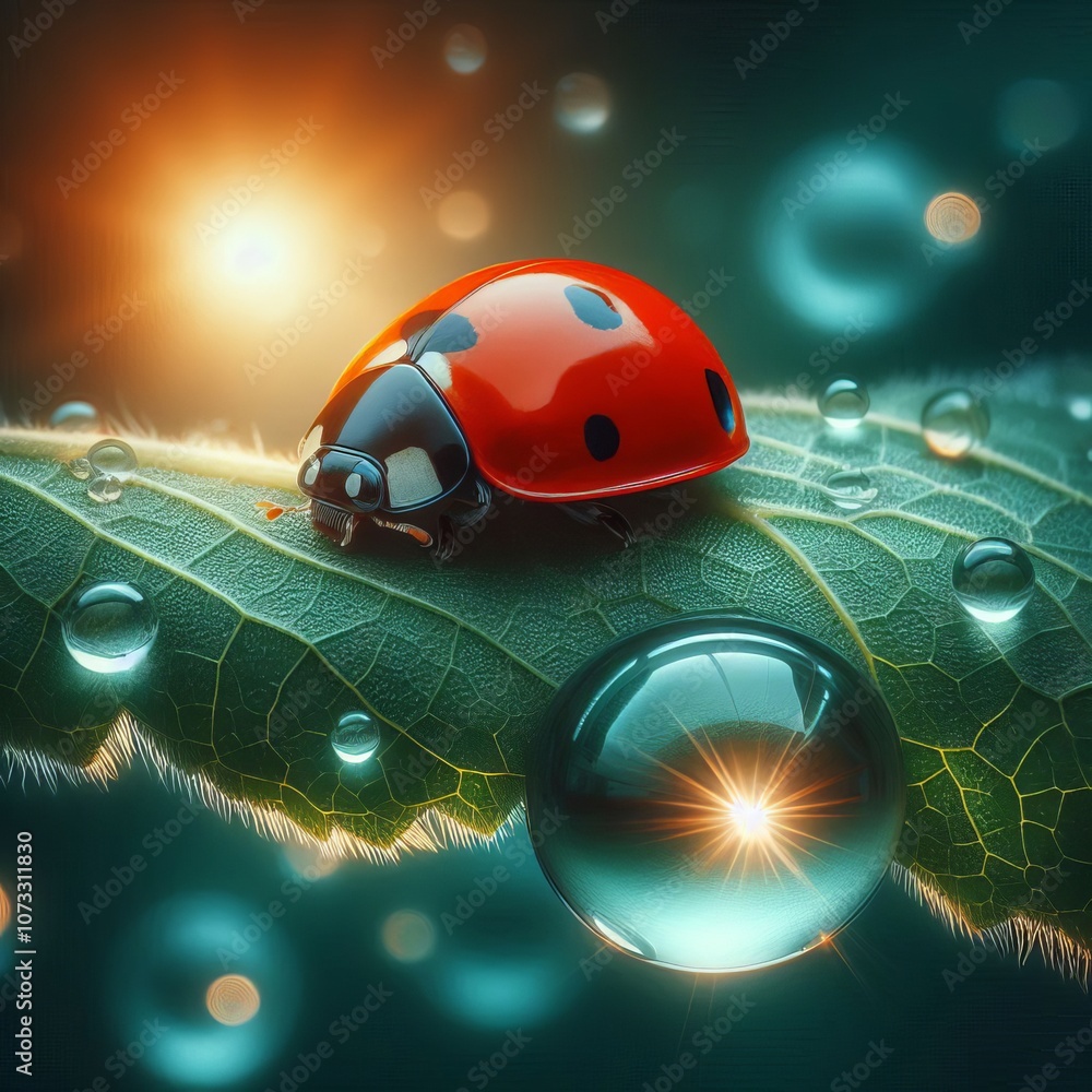 Poster a ladybug on a leaf a red ladybug rests on a green leaf creating