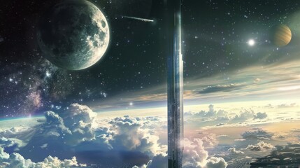 A towering building stretches skyward, piercing through clouds and reaching all the way to the moon. Its gleaming structure stands majestic above the earth, an awe-inspiring feat of architecture.