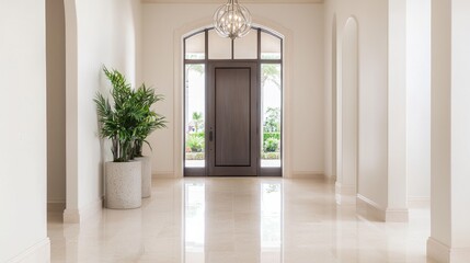 Contemporary Spanish Minimalist Entryway with Statement Light Fixture and Decorative Plants