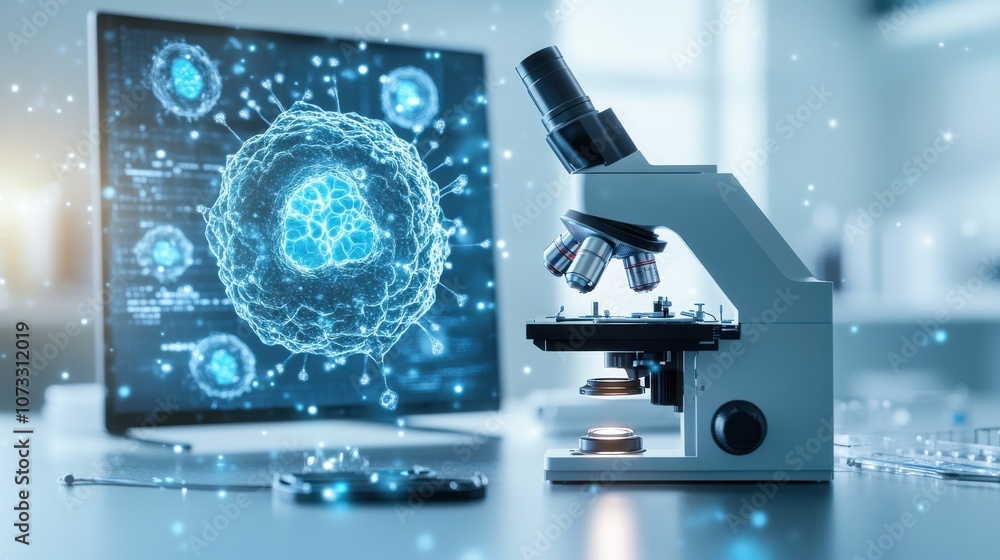 Poster a modern microscope next to a computer displays holographic images of cells, symbolizing advanced sc