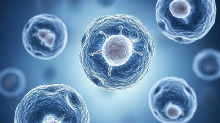 Image shows multiple cells under a microscopic view, highlighting their intricate structures and organic nature against a blue background.