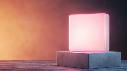 A glowing pink cube on a pedestal with a soft background, perfect for modern designs.