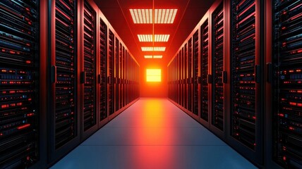 A futuristic view of a server room with glowing lights and rows of data servers.