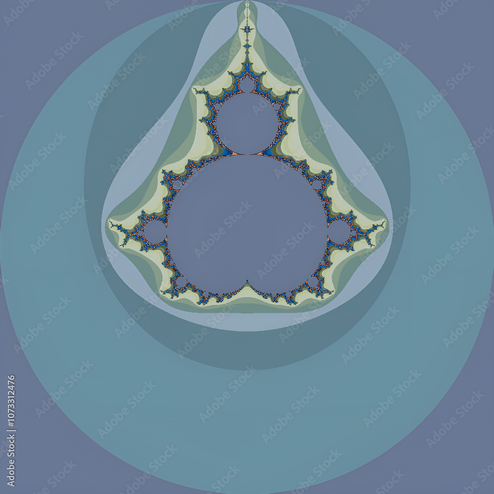 Poster image of a mathematical expression, the maldenbrott fractal. using computer graphics resources.