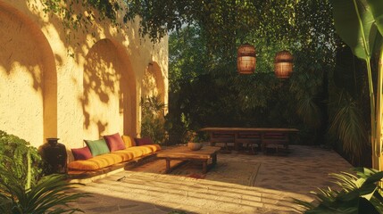 Obraz premium Elegant Spanish Patio with Rustic Dining Table, Colorful Cushions, and Warm Lantern Lighting for Cozy Evenings