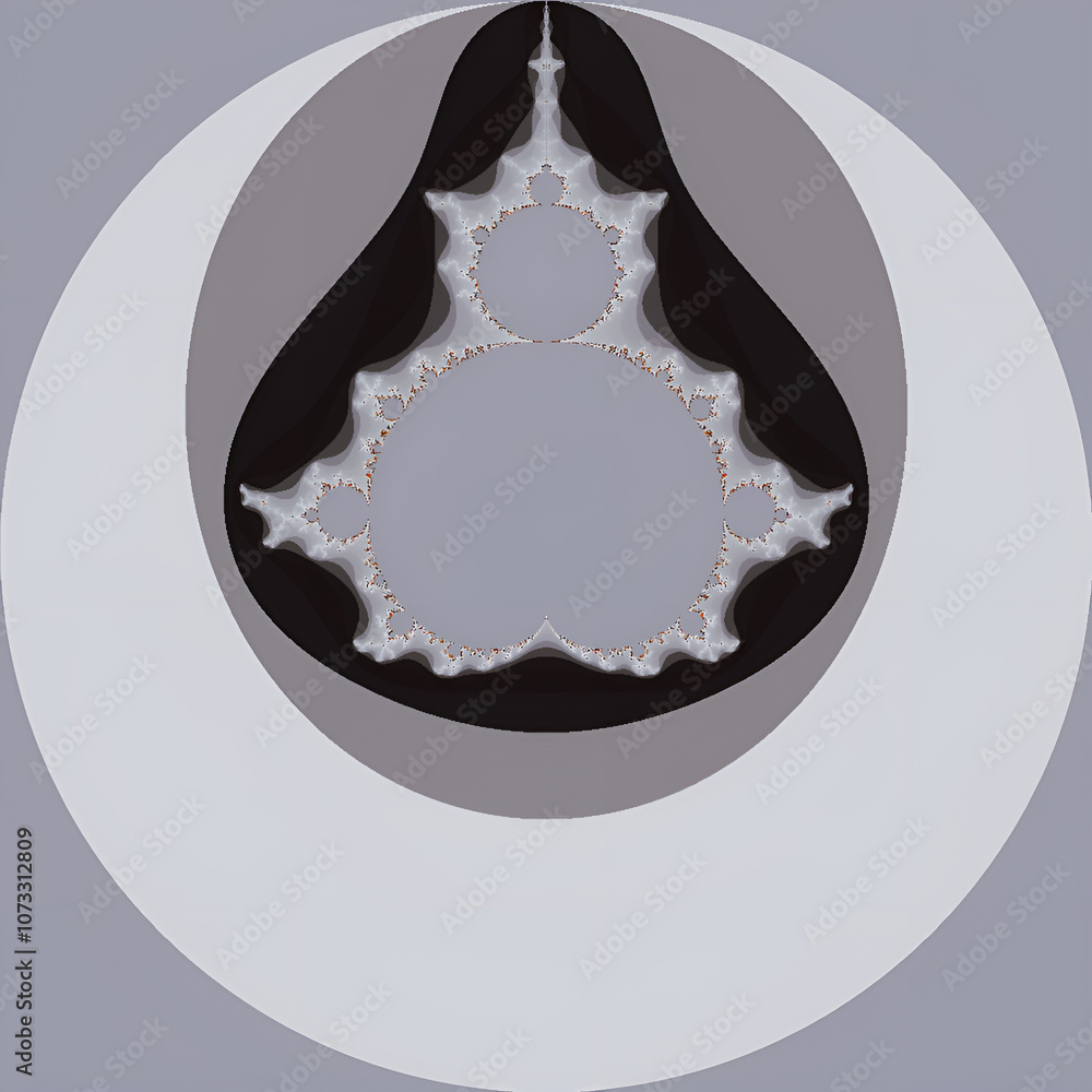 Poster image of a mathematical expression, the maldenbrott fractal. using computer graphics resources.