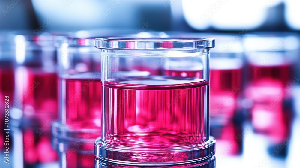 Poster the image features circular glass containers filled with a vibrant red liquid, highlighted with a so