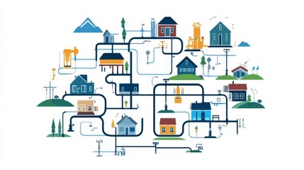 Fototapeta premium rural natural gas distribution, diagram of rural gas supply network, isolated, white background, community focus
