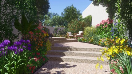 Obraz premium Vibrant Spanish-Inspired Outdoor Garden Oasis with Colorful Flowers, Cozy Seating, and Decorative Tile Pathways in Ultra-Detailed Shot