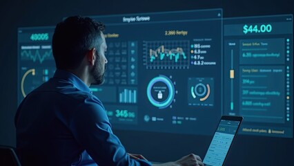 Professional Analyzing Data Trends on a Large Digital Display While Using a Laptop in a Dimly Lit Office Environment