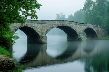 Fototapeta premium Bridges Over a Foggy River: A historic bridge arching over a slow-moving river