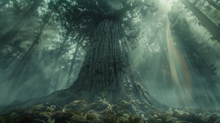 A massive tree stands tall in the heart of the forest, its thick roots twisting into the earth and branches stretching toward the sky. Surrounded by lush greenery, it exudes an ancient, majestic prese