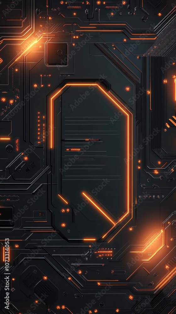 Poster dark orange cybernetic backdrop with intricate circuit patterns and glowing accents. generative ai