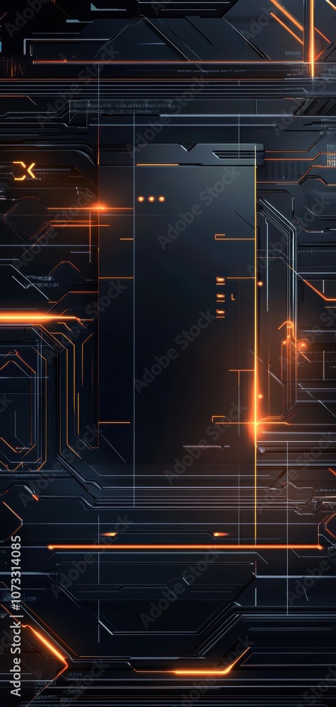 Poster futuristic cybernetic backdrop in dark orange with glowing elements and lines. generative ai