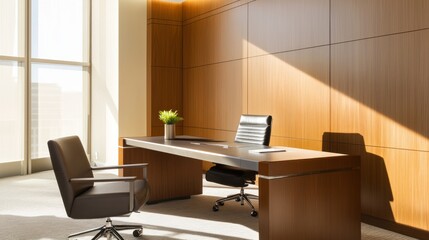 Fototapeta premium Modern Spanish Style Contemporary Office Space with Stylish Desk, Comfortable Seating, and Productivity Enhancing Decor