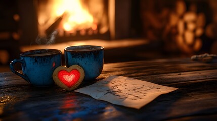 5. A cozy scene with two coffee cups, a heart-shaped cookie, and a handwritten love letter on a rustic wooden table, bathed in the warm glow of a fireplace