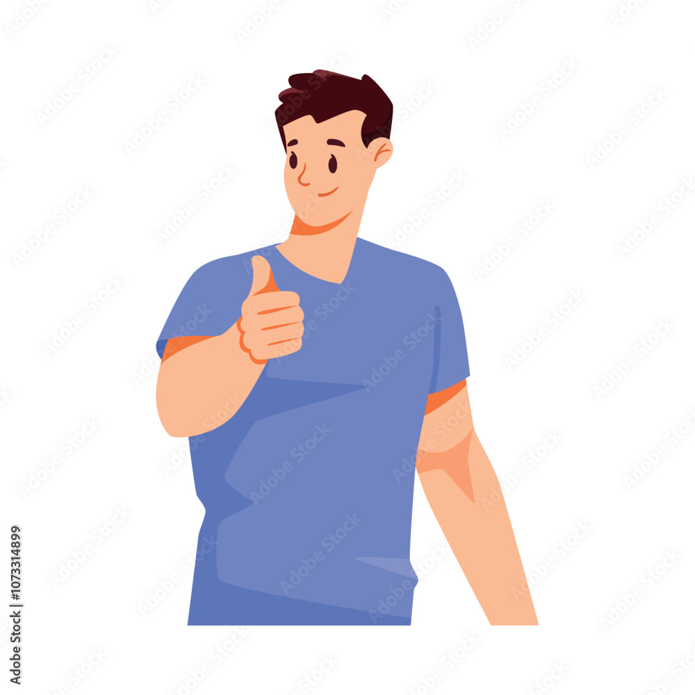 Poster man character showing thumb up hand gesture expressing emotion with body language vector illustratio