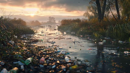 Fototapeta premium Litter on Polluted Riverbank: A view of a riverbank covered with plastic and other waste, highlighting the severe issue of pollution affecting freshwater ecosystems.