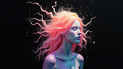 A Woman With Flowing Pink Hair and Ethereal Light Surrounds Her in a Mesmerizing Display of Creativity and Artistry in a Dark Setting