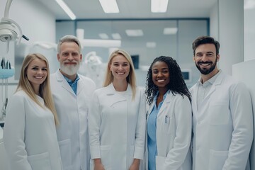 Fototapeta premium A group of dental professionals posing together in a well-lit, modern clinic, smiling confidently