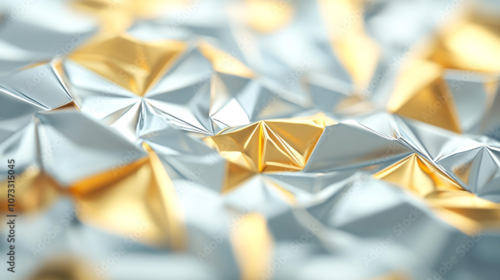 Poster abstract background crumpled metallic foil with reflections in silver and gold tones, creating abstr