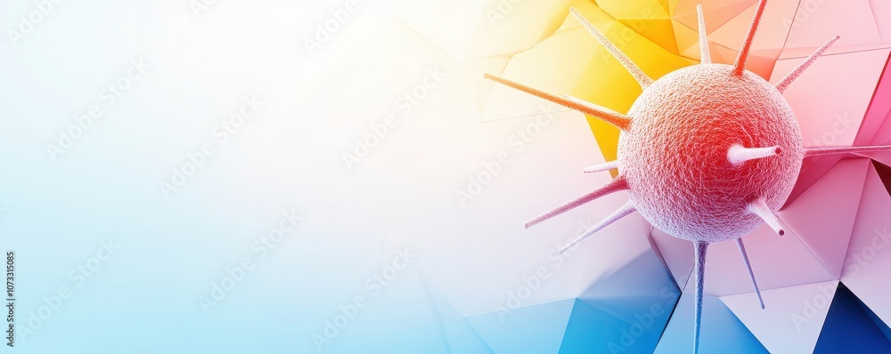 Poster a colorful, abstract representation of a microscopic virus, featuring geometric shapes and vibrant g