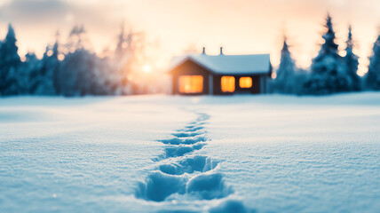 serene winter scene featuring footsteps leading through freshly fallen snow toward cozy house with warm lights glowing in windows. tranquil atmosphere evokes sense of peace and comfort.