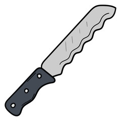 Hand drawn cartoon bread knife on white background.