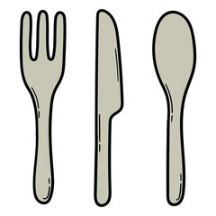 Hand drawn cartoon kitchen fork, knife and spoon on white background.