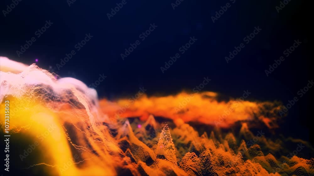 Poster abstract moving futuristic landscape of particles and dots of energy magic with glow and blur effect