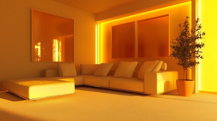 Contemporary Spanish Living Room with Cozy Sectional Sofa and Vibrant Artwork under Warm Lighting