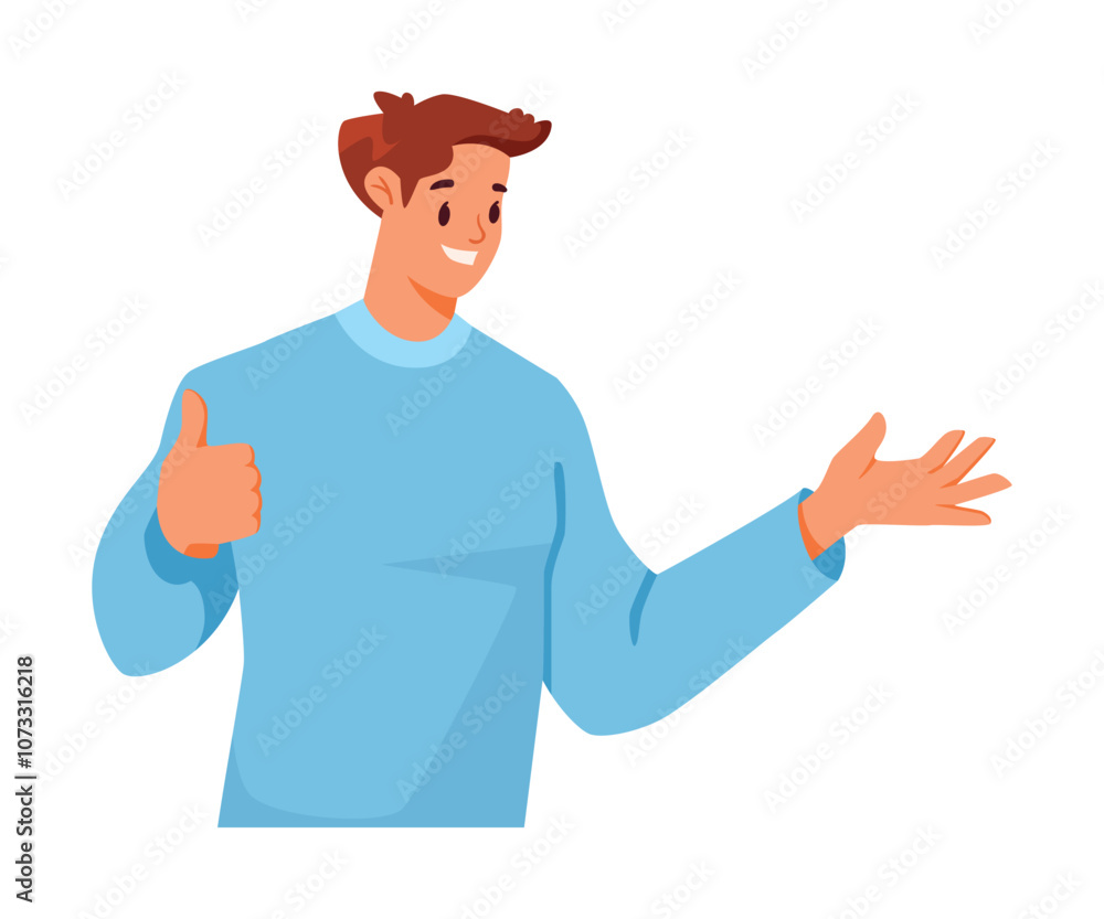 Poster man character showing thumb up hand gesture expressing emotion with body language vector illustratio