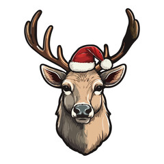 Christmas Reindeer In Santa Claus Hat Flat Icon Isolated On White Background