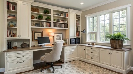 This inviting home office features custom white built-in cabinetry, a spacious desk, comfortable chair, and ample storage for books and supplies.