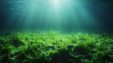 Underwater scene with green seaweed and sunbeams.