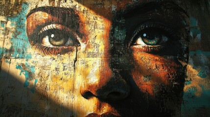 A large graffiti of a human face on the wall conveys emotions and feelings. The light from the street highlights the details in the painting.
