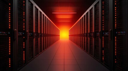 Fototapeta premium Futuristic data center corridor with glowing lights and rows of servers.