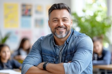 Fototapeta premium A kind teacher smiles warmly as he explains a lesson, using expressive hand gestures to connect with students. The lively classroom, illuminated by midday light, is adorned with educational posters an