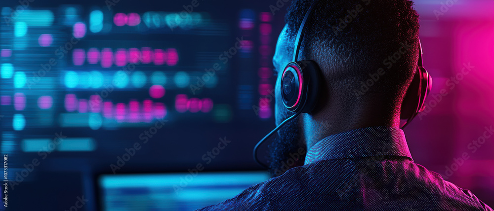 Poster a focused individual wearing headphones analyzes data on a computer screen illuminated by colorful l
