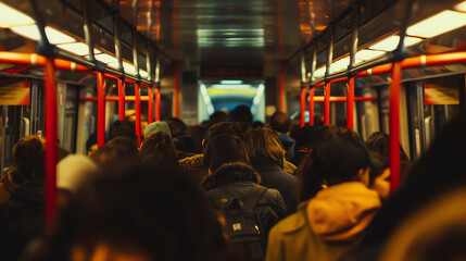 Naklejka premium A crowded subway car, many people, red handrails