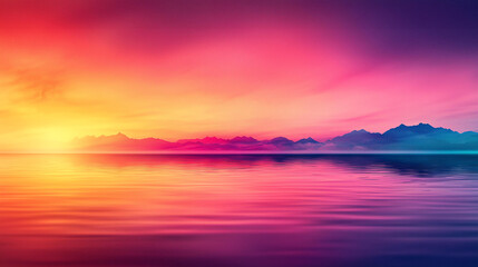 Fototapeta premium Abstract background vibrant sunset over calm sea, showcasing warm hues of orange, pink, and purple reflecting on water surface. distant mountains add depth to scene