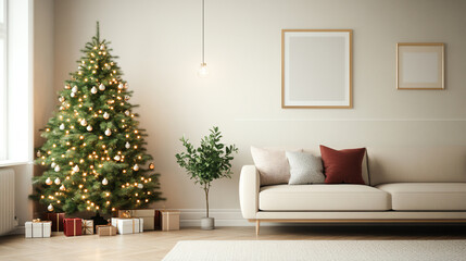 cozy living room featuring beautifully decorated Christmas tree, presents, and stylish sofa. warm ambiance creates festive atmosphere perfect for holiday season