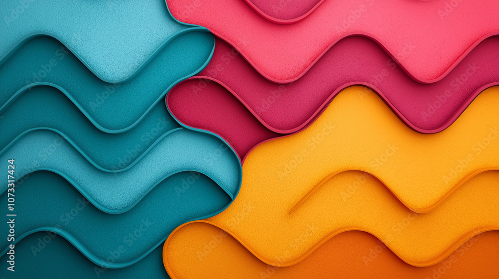 Poster abstract background vibrant wavy patterns in bold contrasting colors of teal, pink, red, and yellow 