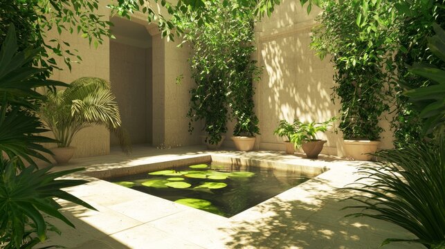 Tranquil Spanish Courtyard Oasis with Modern Water Feature and Lush Greenery for Relaxation and Reflection